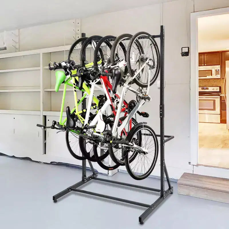 Bike Rack, Freestanding Vertical Storage for 5 Bicycles - 300 Lbs Capacity Adjustable Height Indoor Rack, Black