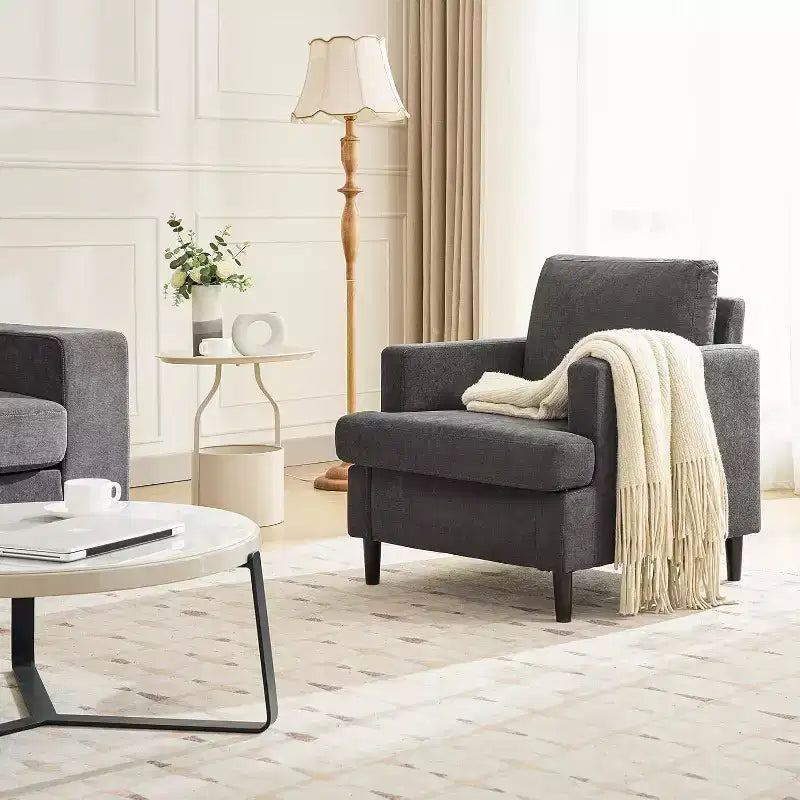 Poltrona moderna oversize, poltrona imbottita in lino con cuscino spesso, comoda poltrona di metà secolo per soggiorno camera da letto, grigia