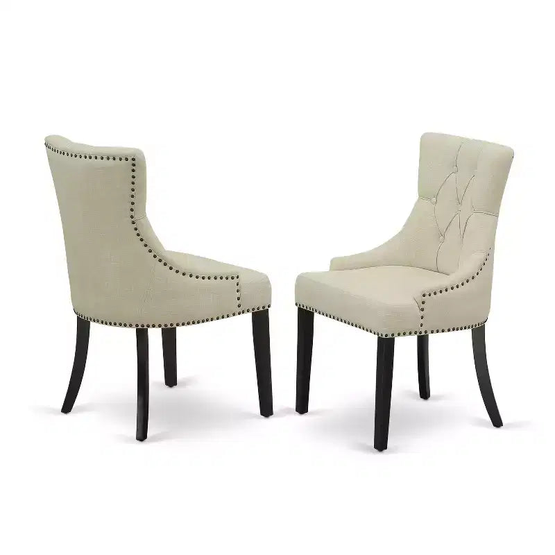 Belmont 7Pc Dinette Set Includes a Rectangular Kitchen Table with Butterfly Leaf and Six Parson Chairs with Light Beige Fabric, Black Finish