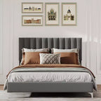 Bed Frame with Velvet Headboard Adjustable Strong Wood Slats, No Box Spring Needed