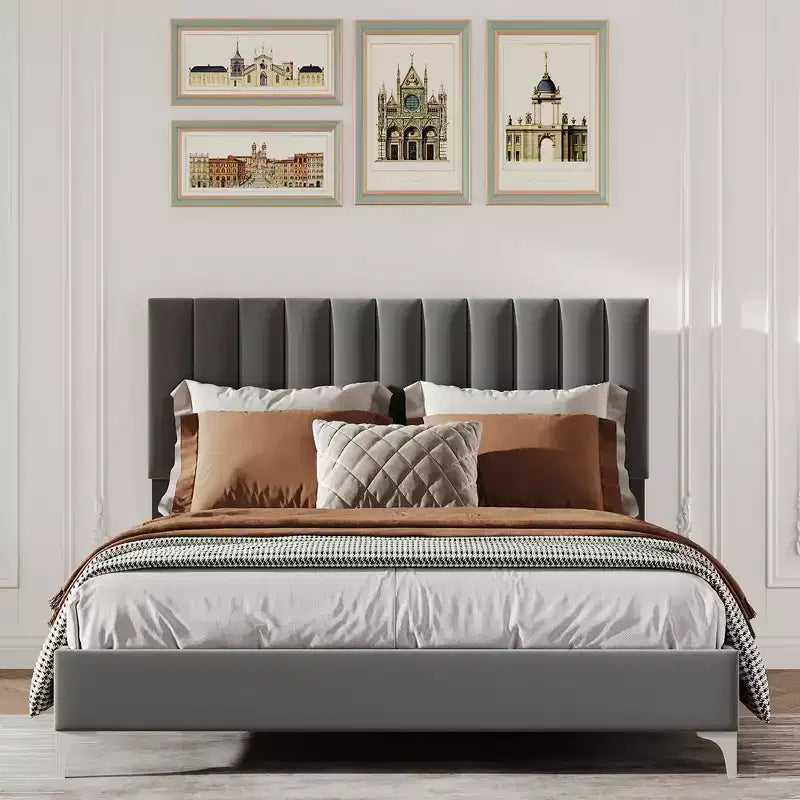 Bed Frame with Velvet Headboard Adjustable Strong Wood Slats, No Box Spring Needed