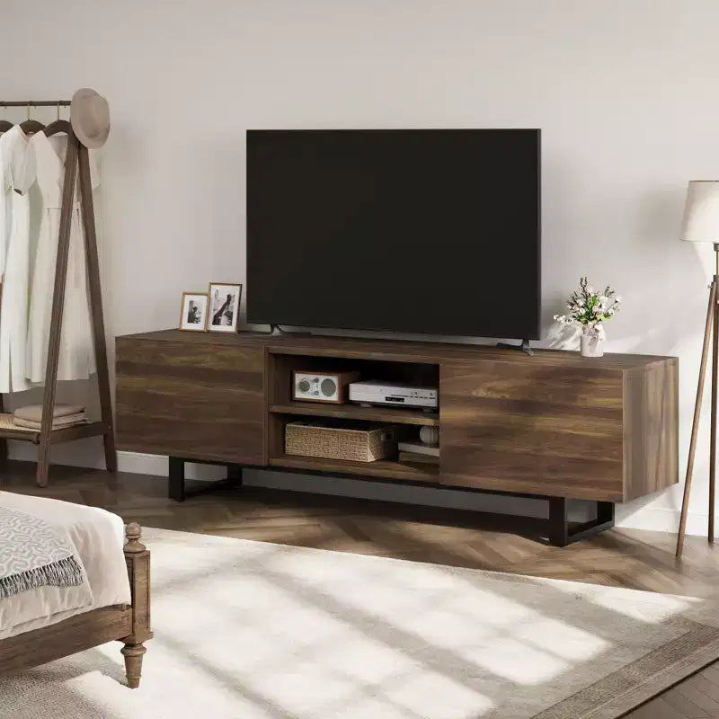 Mobile TV Industriale per 75 Pollici, Mobile Porta TV Naturale con 2 Cassetti e Gamba di Supporto Resistente, Mobile Contenitore in Legno Consolle TV