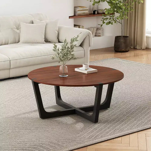 2 Pieces Coffee Table Set Cocktail Table Round Center Table End Table Accent Table Sofa Side Table , Brown & Black