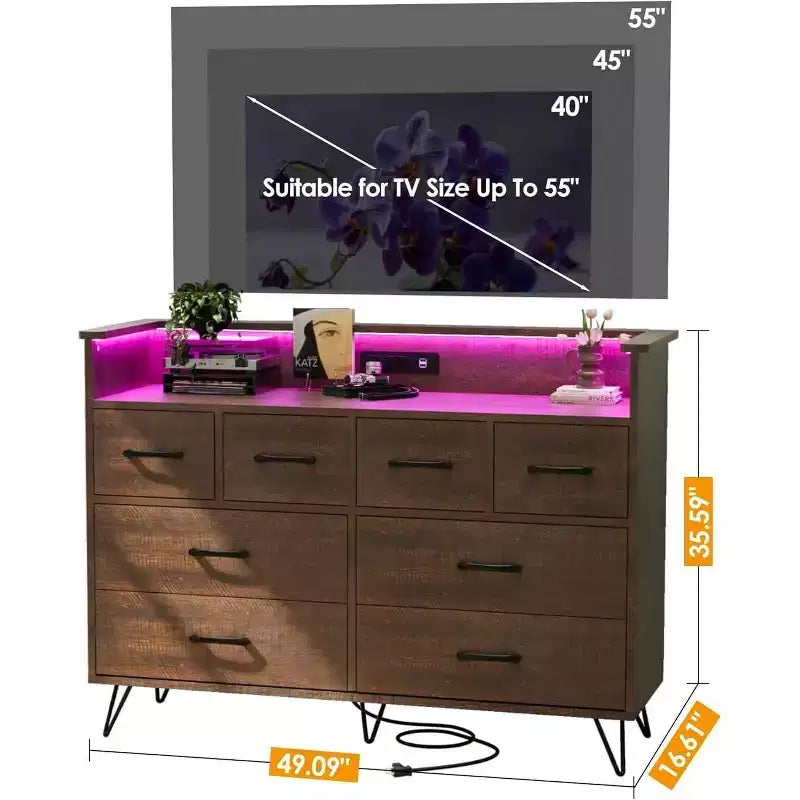 Comò a 8 cassetti con stazione di ricarica - Mobile TV nero con contenitore per camera da letto e soggiorno