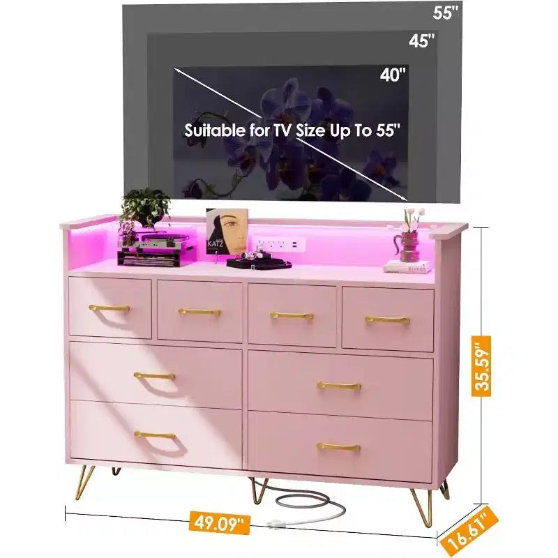 Comò a 8 cassetti con stazione di ricarica - Mobile TV nero con contenitore per camera da letto e soggiorno