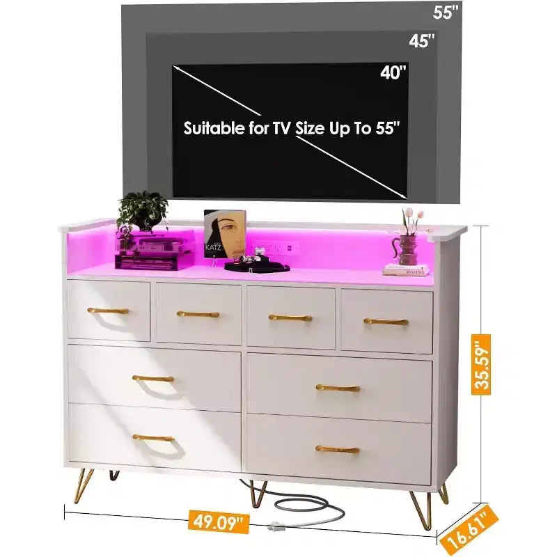 Comò a 8 cassetti con stazione di ricarica - Mobile TV nero con contenitore per camera da letto e soggiorno