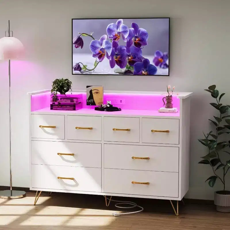 Comò a 8 cassetti con stazione di ricarica - Mobile TV nero con contenitore per camera da letto e soggiorno