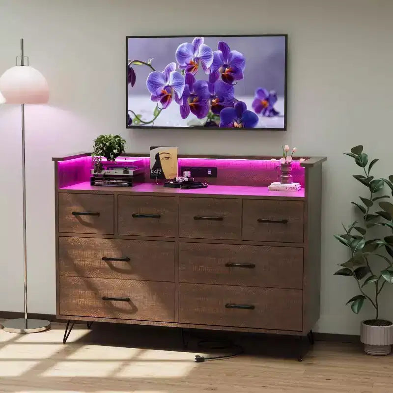 Comò a 8 cassetti con stazione di ricarica - Mobile TV nero con contenitore per camera da letto e soggiorno