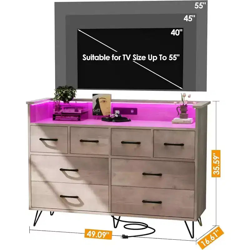 Comò a 8 cassetti con stazione di ricarica - Mobile TV nero con contenitore per camera da letto e soggiorno