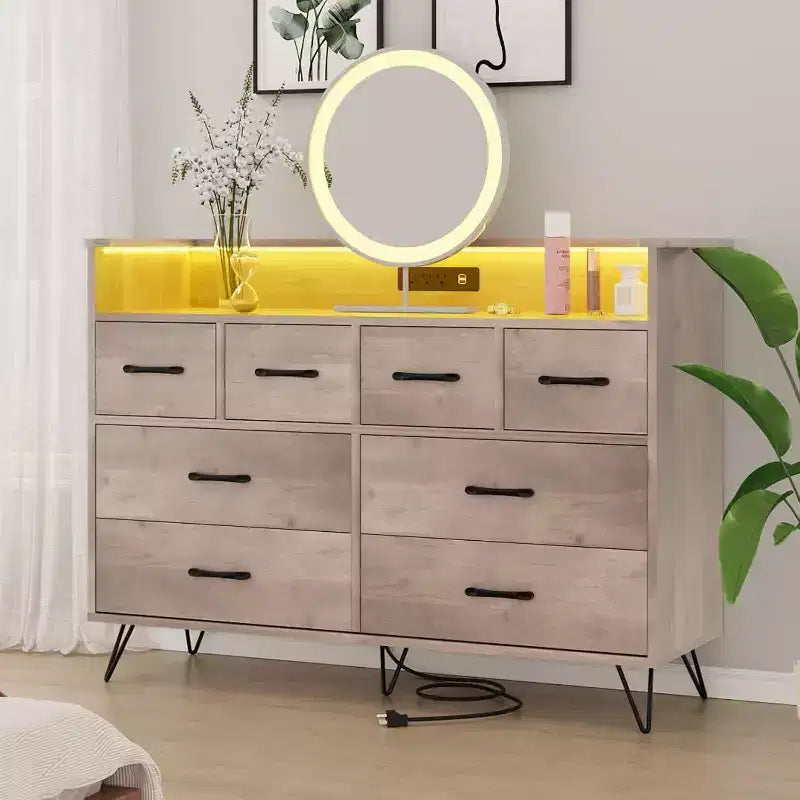 8-Drawer Dresser TV Stand with Charging Station - Black Storage Entertainment Center for Bedroom & Living Room
