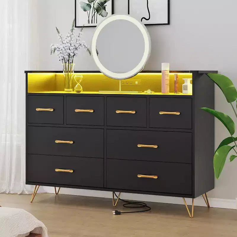 8-Drawer Dresser TV Stand with Charging Station - Black Storage Entertainment Center for Bedroom & Living Room