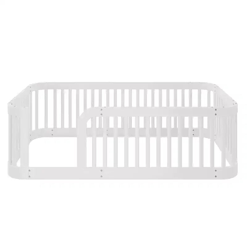 Wooden Floor Bed Frame with Fence Guardrails & Rounded Corners