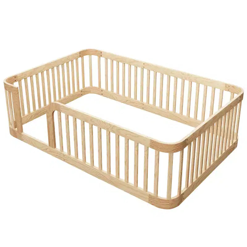 Wooden Floor Bed Frame with Fence Guardrails & Rounded Corners