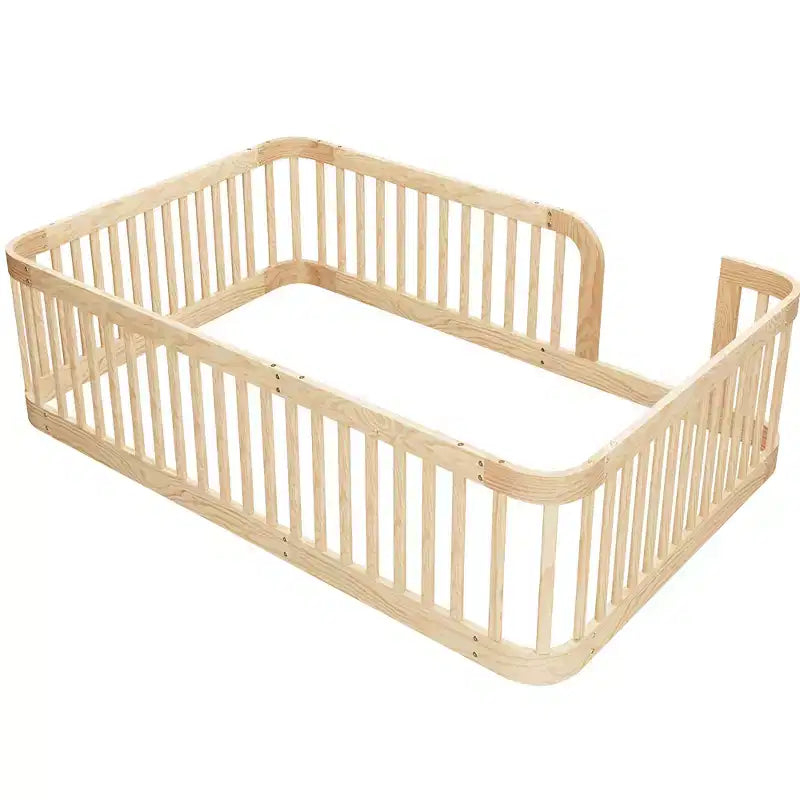 Wooden Floor Bed Frame with Fence Guardrails & Rounded Corners
