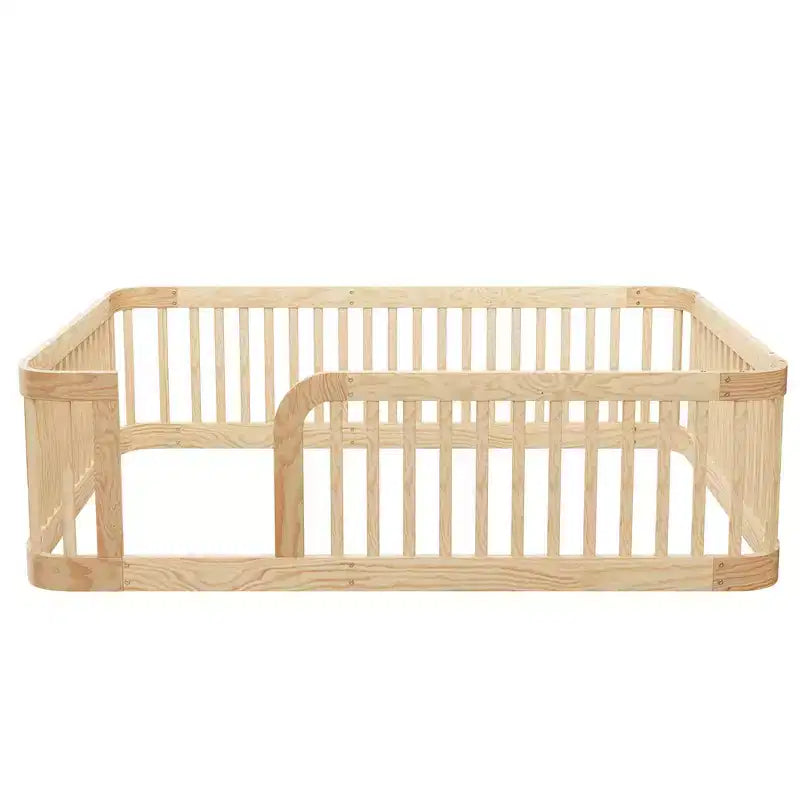 Wooden Floor Bed Frame with Fence Guardrails & Rounded Corners
