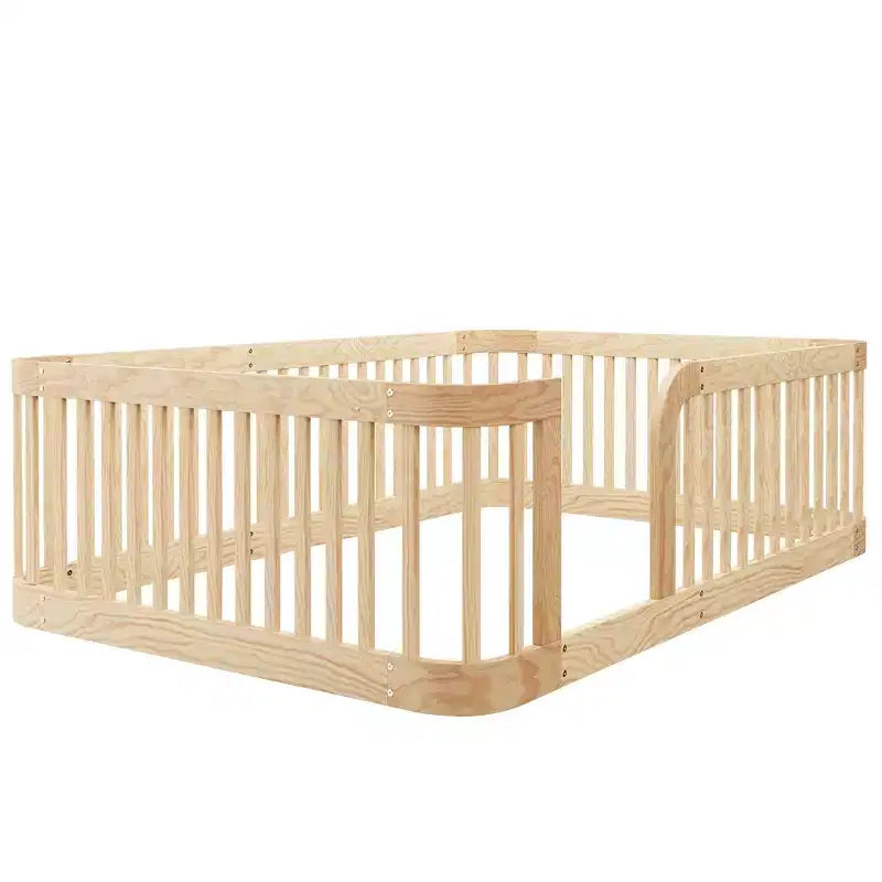 Wooden Floor Bed Frame with Fence Guardrails & Rounded Corners