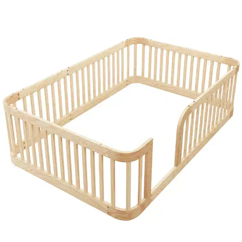 Wooden Floor Bed Frame with Fence Guardrails & Rounded Corners