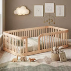 Polibi Wooden Floor Bed Frame with Fence Guardrails & Rounded Corners