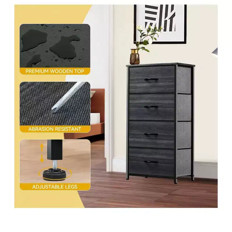 Cassettiera con 4 cassetti, mobile contenitore in tessuto, unità organizer per soggiorno, corridoio, armadi, robusto telaio in acciaio, piano in legno