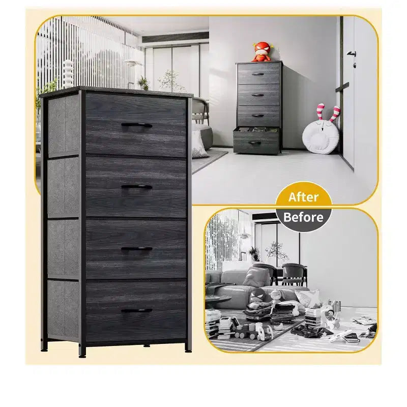 Cassettiera con 4 cassetti, mobile contenitore in tessuto, unità organizer per soggiorno, corridoio, armadi, robusto telaio in acciaio, piano in legno