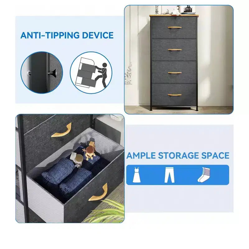 Cassettiera con 4 cassetti, mobile contenitore in tessuto, unità organizer per soggiorno, corridoio, armadi, robusto telaio in acciaio, piano in legno