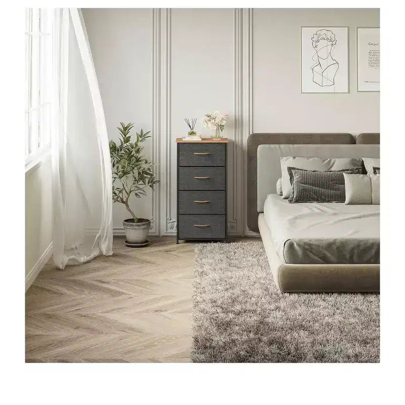 Cassettiera con 4 cassetti, mobile contenitore in tessuto, unità organizer per soggiorno, corridoio, armadi, robusto telaio in acciaio, piano in legno
