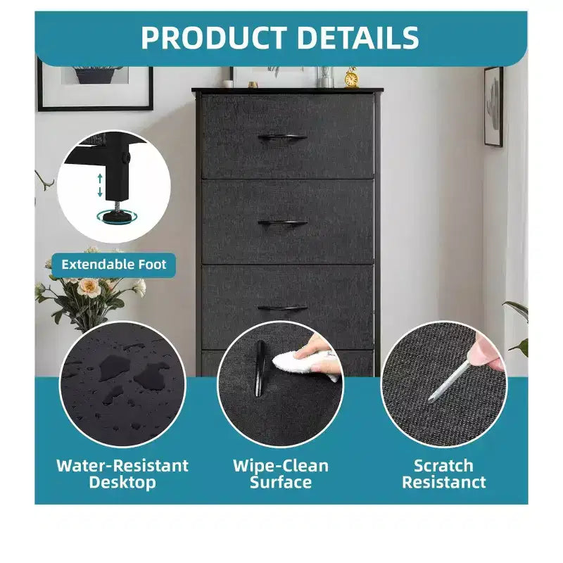 Cassettiera con 4 cassetti, mobile contenitore in tessuto, unità organizer per soggiorno, corridoio, armadi, robusto telaio in acciaio, piano in legno