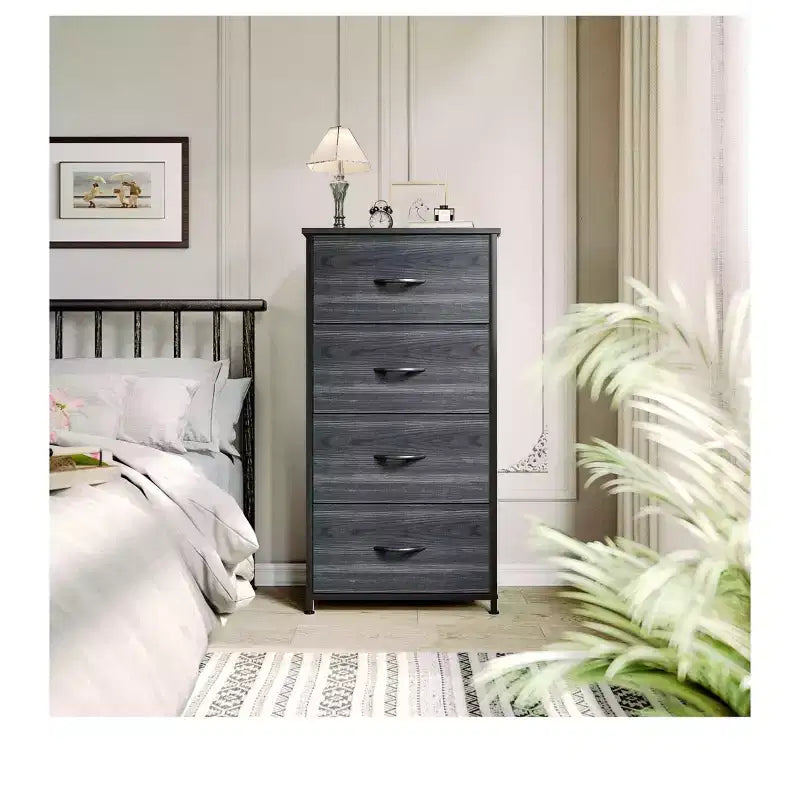 Cassettiera con 4 cassetti, mobile contenitore in tessuto, unità organizer per soggiorno, corridoio, armadi, robusto telaio in acciaio, piano in legno