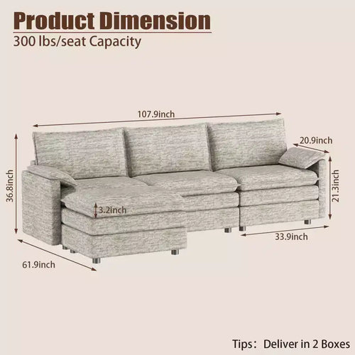 108 XL Modular Sectional Couch 4-Seater L-Shaped Cloud Sofa with Ottoman for Living Room/Apartment