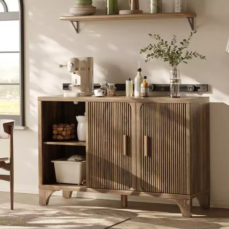 Modern Storage Cabinet with Adjustable Shelves, Durable Wood Frame, Raised Base and Multi-Purpose Home Organization