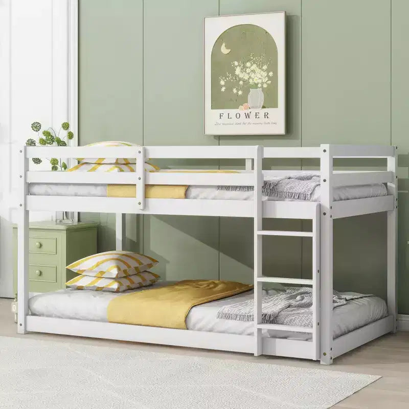 Okak 77.3IN Twin-Over-Twin Floor Bunk Bed with Ladder, Twin Bed with Guardrail and Strengthened Slats, Bed Frames for Kids Room, Gaming Room, White