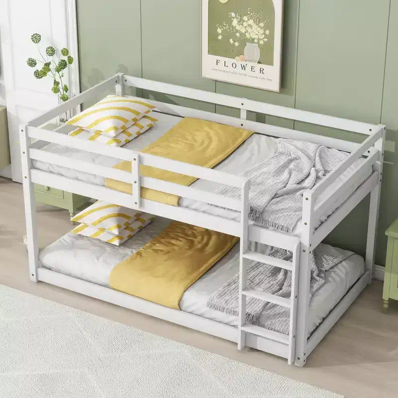 77.3IN Letto a Castello a Pianale su Due Livelli con Scaletta, Letto Singolo con Ringhiera di Protezione e Doghe Rinforzate, Struttura Letto per Cameretta Bambini, Stanza da Gioco, Bianco