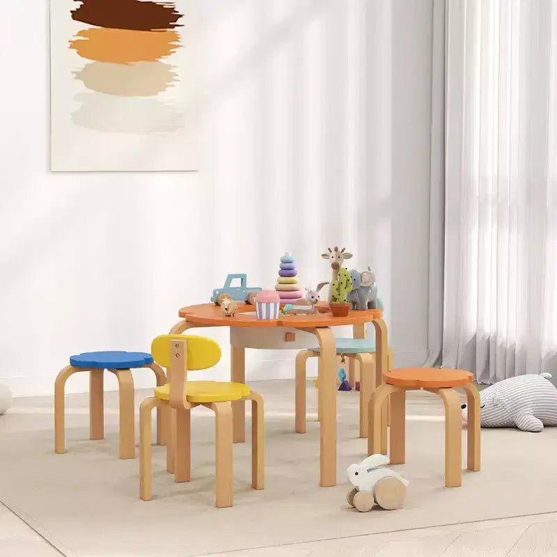 5 Piece Kids Table and Chairs Set, Flower-Shaped Toddler Table and Chair Set with Built-in Storage, for Drawing Reading Art Craft Activity