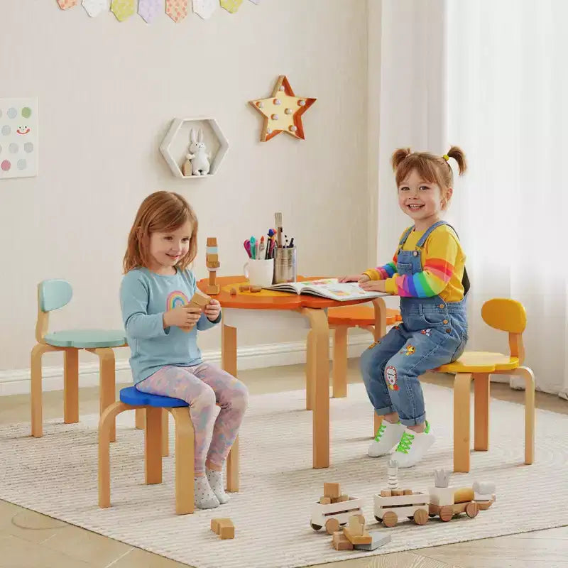 5 Piece Kids Table and Chairs Set, Flower-Shaped Toddler Table and Chair Set with Built-in Storage, for Drawing Reading Art Craft Activity
