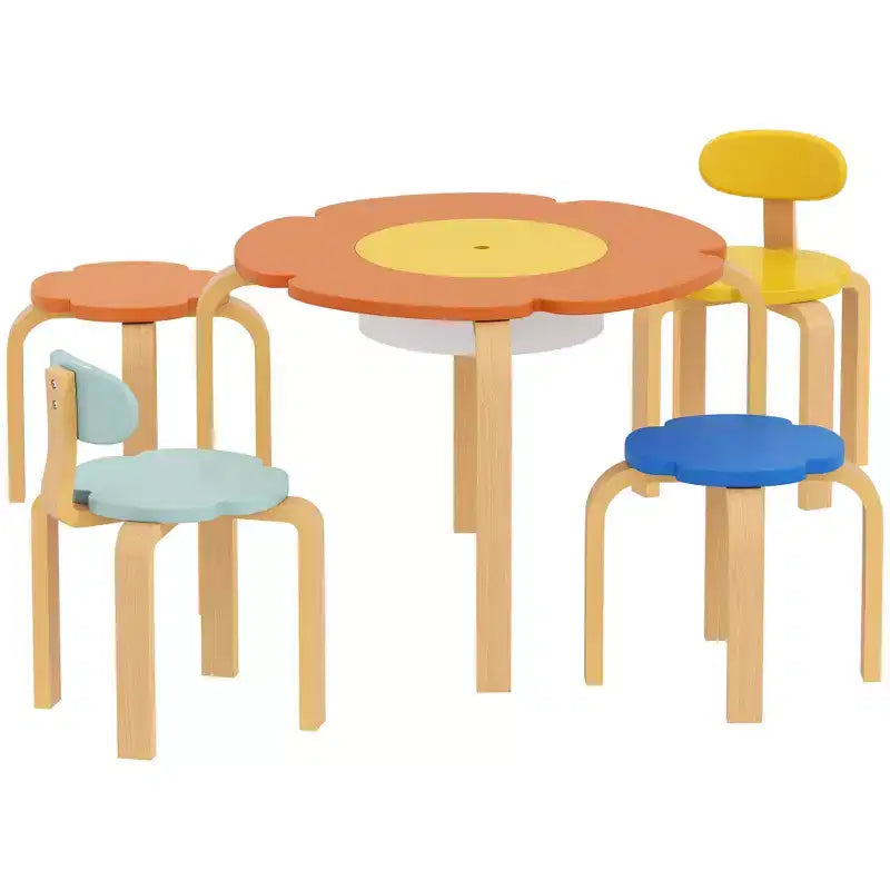 5 Piece Kids Table and Chairs Set, Flower-Shaped Toddler Table and Chair Set with Built-in Storage, for Drawing Reading Art Craft Activity