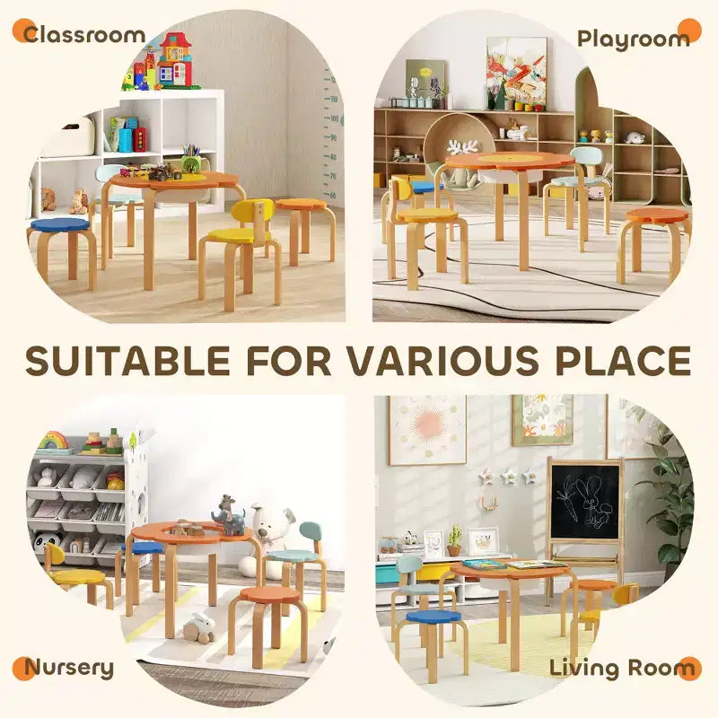 5 Piece Kids Table and Chairs Set, Flower-Shaped Toddler Table and Chair Set with Built-in Storage, for Drawing Reading Art Craft Activity