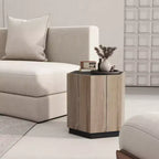Tavolino da caffè retrò in legno, tavolo angolare esagonale strutturato nero quercia calda con cassetto contenitore, tavolino rotondo centrale in legno per soggiorno, camera da letto