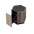 Tavolino da caffè retrò in legno, tavolo angolare esagonale strutturato nero quercia calda con cassetto contenitore, tavolino rotondo centrale in legno per soggiorno, camera da letto