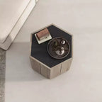Tavolino da caffè retrò in legno, tavolo angolare esagonale strutturato nero quercia calda con cassetto contenitore, tavolino rotondo centrale in legno per soggiorno, camera da letto