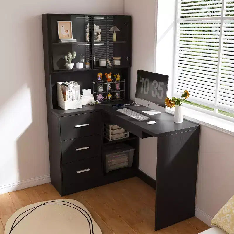 Scrivania moderna a L da 43.31 pollici con armadietti in vetro, scrivania ad angolo con ripiani e vassoio per tastiera, scrivania per computer per casa, ufficio
