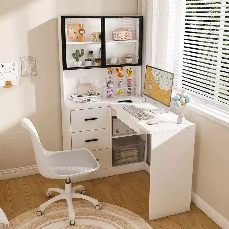 Okak 43.31IN Modern L Shaped Desk with Glass Cabinets, Corner Desk with Storage Shelves and Keyboard Tray, Computer Desk for Home, Office