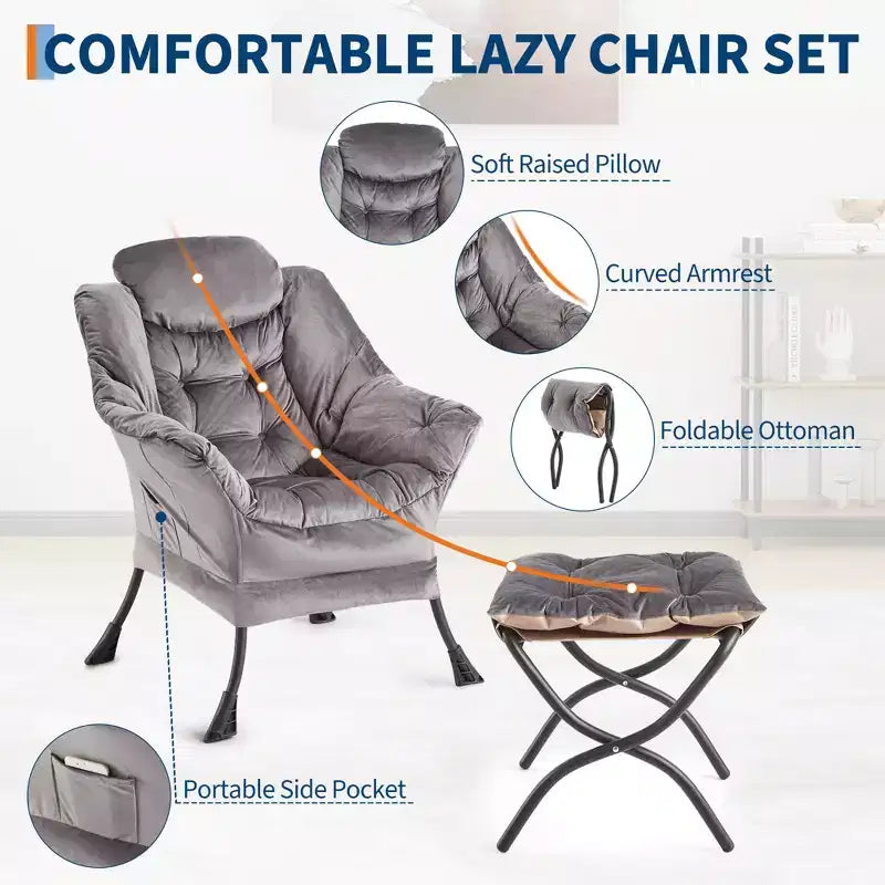 poltrona con poggiapiedi e cuscino, comoda sedia lounge con tasca laterale per soggiorno, camera da letto, ufficio