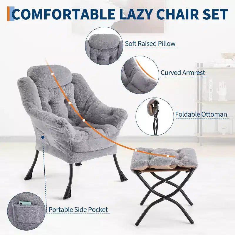 poltrona con poggiapiedi e cuscino, comoda sedia lounge con tasca laterale per soggiorno, camera da letto, ufficio