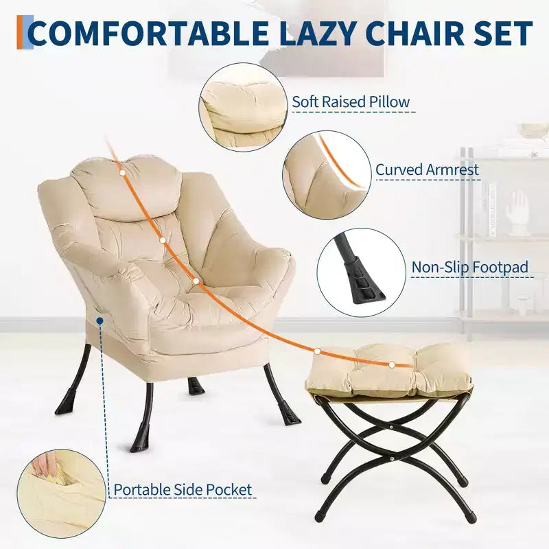 poltrona con poggiapiedi e cuscino, comoda sedia lounge con tasca laterale per soggiorno, camera da letto, ufficio