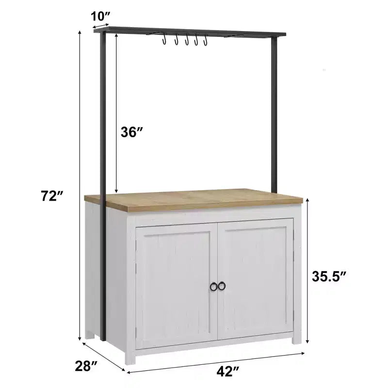 Series Panel Island Cabinet: 41 Inches, Vintage White Body with Natural Wood Top, Ideal for Kitchen Storage & Dining Area Use