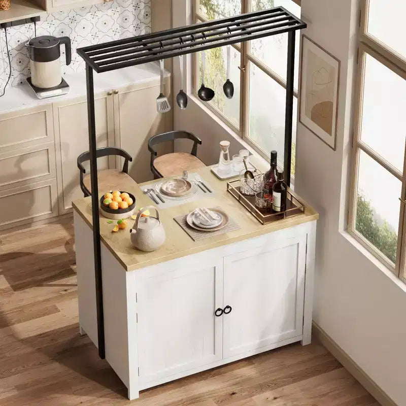 Series Panel Island Cabinet: 41 Inches, Vintage White Body with Natural Wood Top, Ideal for Kitchen Storage & Dining Area Use