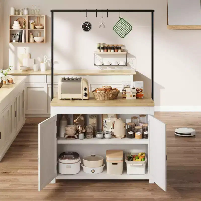 Series Panel Island Cabinet: 41 Inches, Vintage White Body with Natural Wood Top, Ideal for Kitchen Storage & Dining Area Use