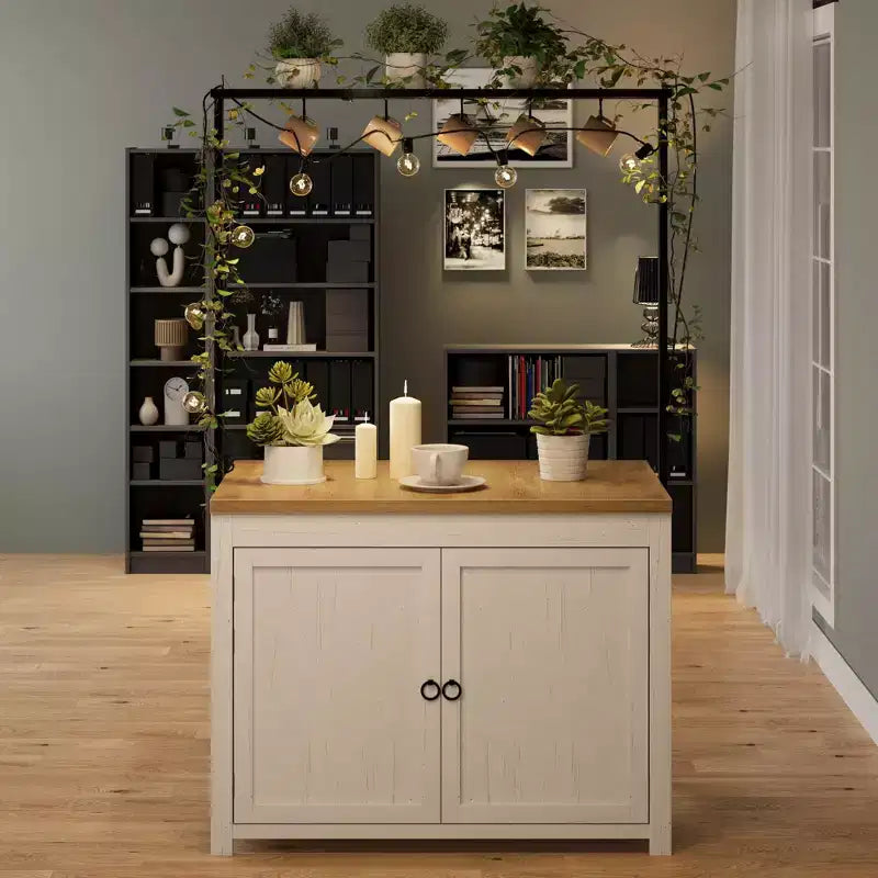 Series Panel Island Cabinet: 41 Inches, Vintage White Body with Natural Wood Top, Ideal for Kitchen Storage & Dining Area Use