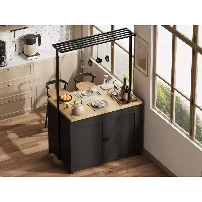 Series Panel Island Cabinet: 41 Inches, Vintage White Body with Natural Wood Top, Ideal for Kitchen Storage & Dining Area Use