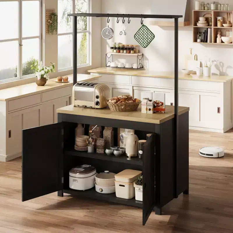 Series Panel Island Cabinet: 41 Inches, Vintage White Body with Natural Wood Top, Ideal for Kitchen Storage & Dining Area Use